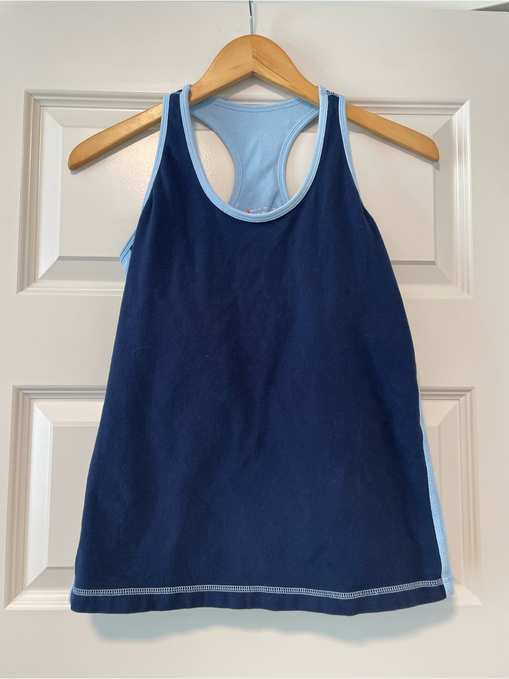 Navy w/ Light Blue Side Stripe Athletic Gym Racerback Tank Top with Built-In Bra